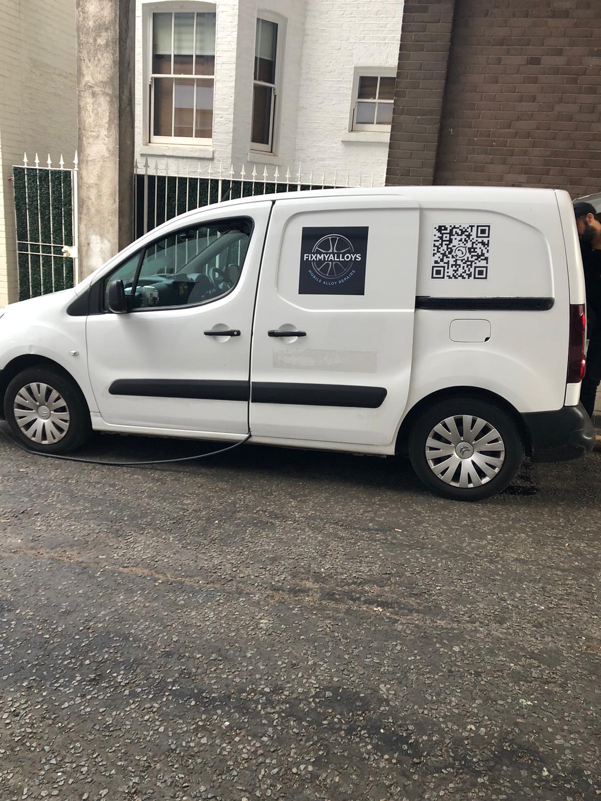 FixMyAlloys Branded Van with QR Code - Professional Mobile Service